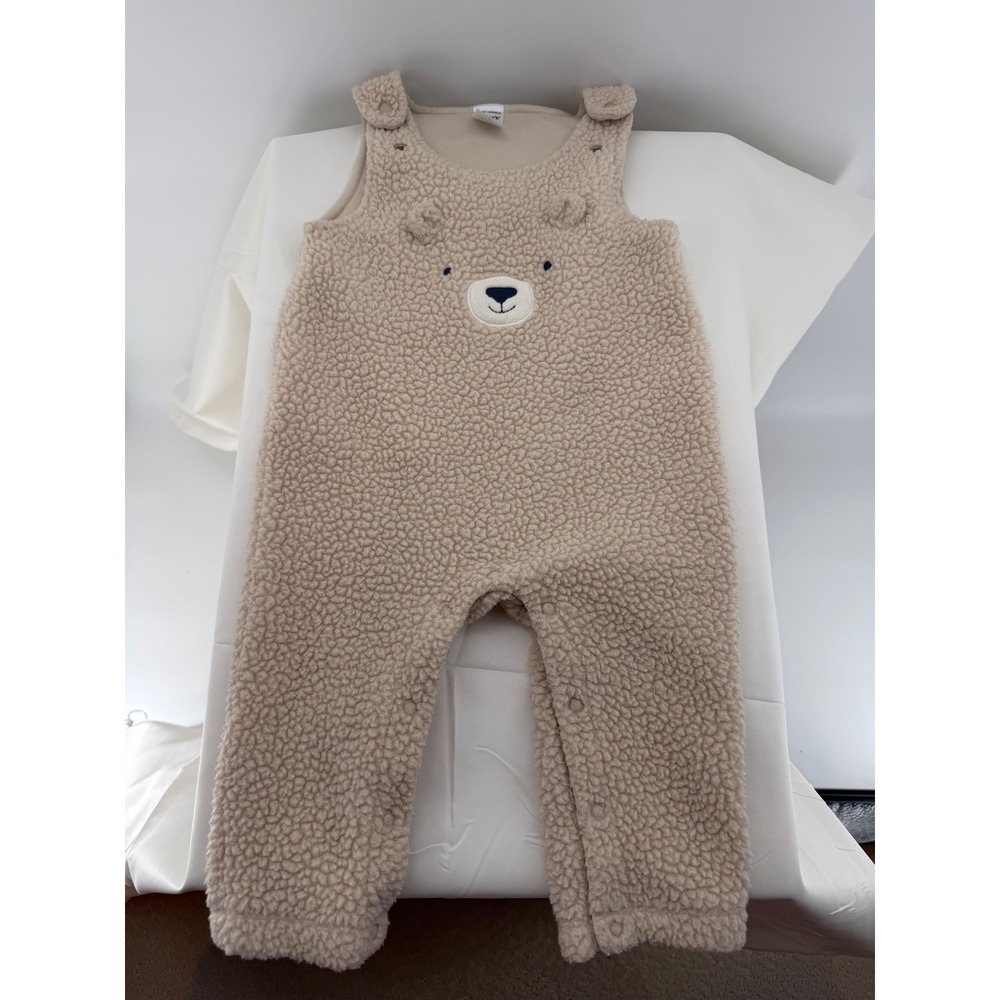 Carter's Sherpa Bear Overalls Kids 9M Beige Excellent Fleece Snap Bunting